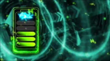 Yeşil hidrojen bataryası ve mavi dijital bilgisayar hologramı arka plan, temiz enerji kavramı çevre dostu