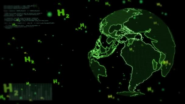 Digital global con burbujas texto H2 verde sobre fondo negro, concepto de hidrógeno verde energía limpia en todo el mundo — Vídeo de stock