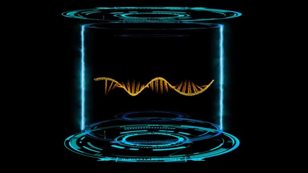 MRNA моделювання молекул помаранчевого кольору в цифровій лабораторній капсулі з лазерним палаючим полум'ям на чорному екрані — стокове відео