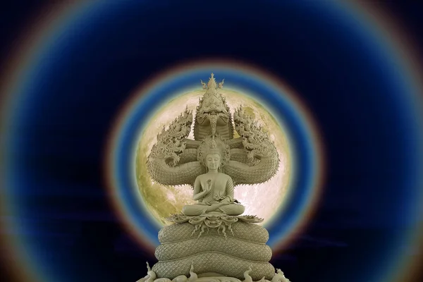 Moon Corona Light Buddha Protected Hood Mythical King Naga Night — 스톡 사진
