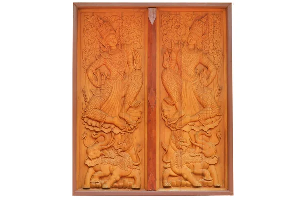 Sztuka Anioł Jazda Słoń Rzeźbienie Drewniane Drzwi Używać Dekoracji Wnętrza — Zdjęcie stockowe