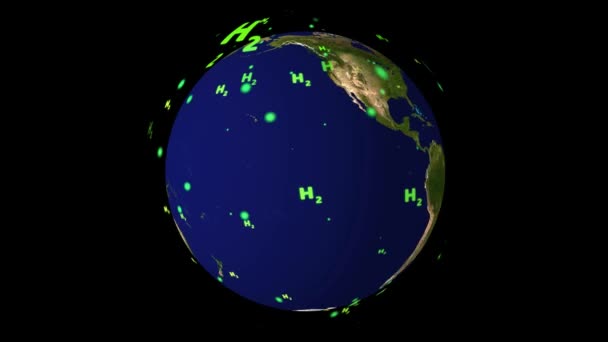 緑色のH2テキスト粒子球で世界中の水素を意味します — ストック動画