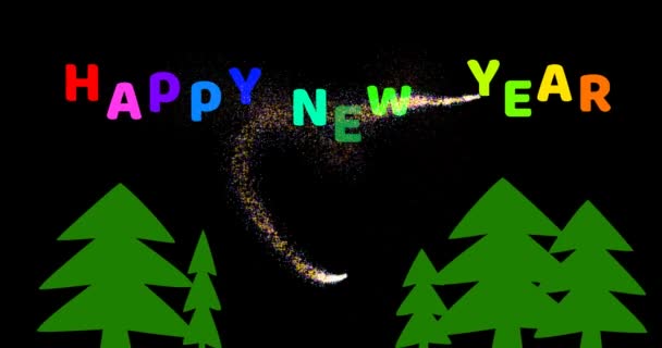 ハッピー新年テキストクリスマスツリーと黒画面上の輝きと飛んでマルチ魔法の粒子100万星 — ストック動画