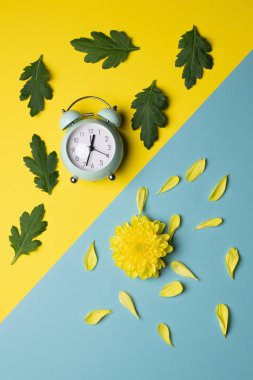 clock and flower decorated with leaves and petals on a flat vertical background, diagonally divided background