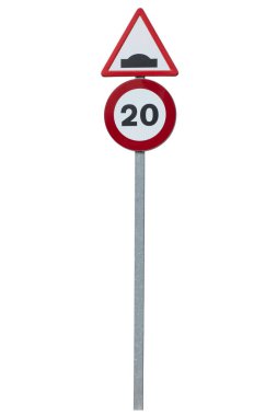 no speed over 20 kilometers per hour sign, attention speed bumps, vertical sign