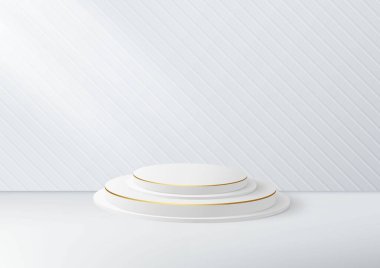 3D white podium luxury with golden line overlapping for display product. Minimal style concept. Vector illustration 