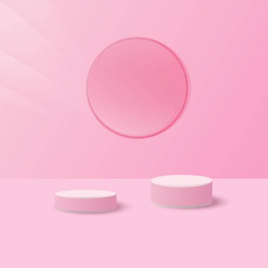 Display product podium. 3D realistic pink cylinder shpe platform. Vector illustration 