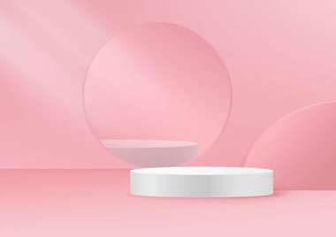 Ürün podyumu sahnesini göster. Üç boyutlu ürün arka plan pembe çerçeveli daire duvar sahnesi. Sevgililer Günü ürününün sahnesi. Vektör illüstrasyonu