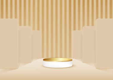 Lüks ürün podyumu sahnesi. Soyut 3D ürün arka plan açık kahverengi, şekil duvar sahnesi olan. Ürün için sahne, vitrin. Vektör illüstrasyonu