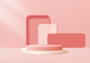 Podyum ürün kremini ve pembe podyumu göster. Soyut 3D ürün arka plan pembe kare dikey ve holizontal sahne. Ürün için aşama. Vektör illüstrasyonu
