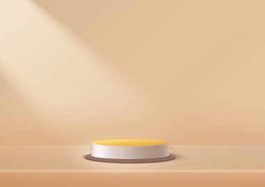 Lüks ürün podyumu sahnesi. Soyut 3D ürün arka plan açık kahverengi, şekil duvar sahnesi olan. Ürün için sahne, vitrin. Vektör illüstrasyonu
