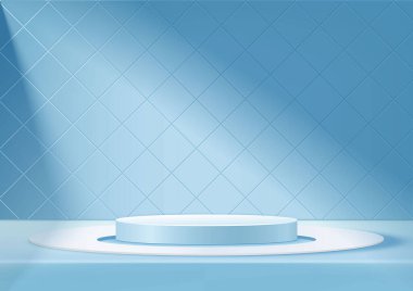 3D podyum ürününü beyaz ve açık mavi renkte seramik duvar arkaplanlı, promosyon tasarımı. Vektör illüstrasyonu