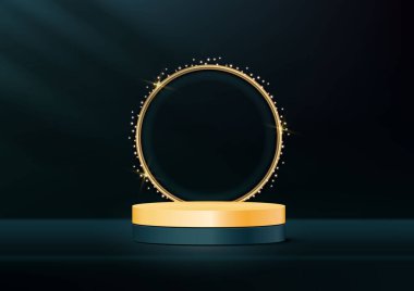 Podyum ürünü altın ve koyu yeşil, zarif altın kavis dairesi, zarif arka plan, promosyon tasarımı. Vektör illüstrasyonu