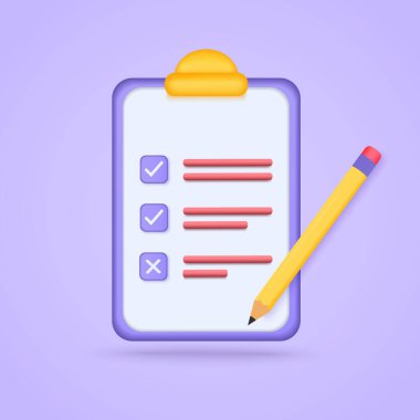 Mor pastel arka planda kalem bulunan 3D kontrol listesi. İş yerini kontrol et. Minimum çizgi film simgesi. Vektör illüstrasyonu