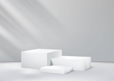 Display 3d modern white and grey cube podium with empty room background. Promotional display design. Vector illustration