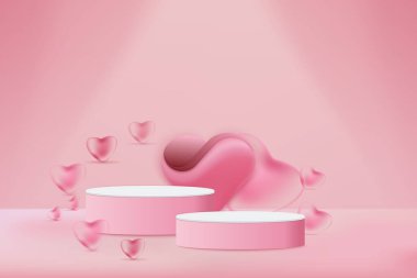 3D soyut silindir podyum ürününü pembe olarak göster. Açık pembe balonlar kalp şeklinde. Ürün vitrini için en az Valentine sahnesi. Vektör illüstrasyonu