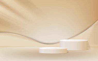 3d silindir podyum ürünü yumuşak kahverengi, hafif kahverengi kavisli arka plan, promosyon tasarımı. Vektör illüstrasyonu