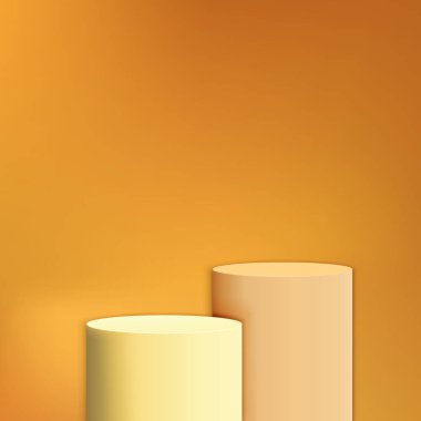 Ürünün sarı arka planda boş turuncu, pembe, kahverengi yuvarlak kaidesini göster. Ürün için aşama. Vektör illüstrasyonu