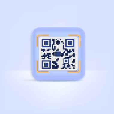 3d qr kod tarama simgesi. Yumuşak mavi pastel arka planda online alışveriş. Minimum çizgi film simgesi. Vektör illüstrasyonu
