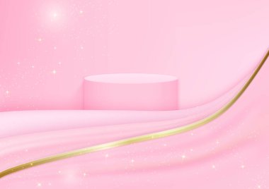 3D soyut podyum ürününü pembe olarak göster. Açık pembe bulanık şekilli arka plan ve ışıltıyla, promosyon tasarımı. Vektör illüstrasyonu