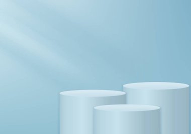 Ürün boş beyaz, yumuşak mavi, yumuşak yeşil arka planda yuvarlak kaideyi göster. Ürün için aşama. Vektör illüstrasyonu