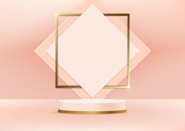 Podyum ürünü turuncu pastel, zarif altın kavis dairesi, kare zarif arkaplan, promosyon tasarımı. Vektör illüstrasyonu