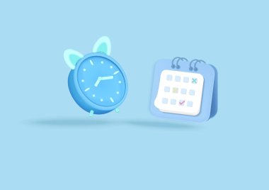 Üç boyutlu hatırlatma yuvarlak saat ve açık mavi pastel takvim. Planlama, seyahat, iş bildirileri. Minimum çizgi film simgesi. Vektör illüstrasyonu