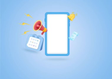 Megafonlu 3D telefon, akıllı telefon simgeleri, takvim, fatura, iş pazarlama konsepti. Pastel arka planda karikatür simgesi izole edildi. vektör illüstrasyonu.
