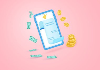 Akıllı telefon ekranı için 3.000 dolar. İşlem makbuzu çevrimiçi ödeme simgesi. ve online alışveriş için finansal güvenlik, dolar ve para yığını ile birlikte. Vektör illüstrasyonu