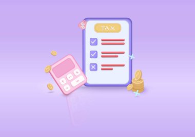 3D iş vergisi ve madeni para. ve vergi formu. Finansal risk planlama yıllık suçlama, hesap makinesiyle hesaplama. 3d vektör resmetme simgesi.