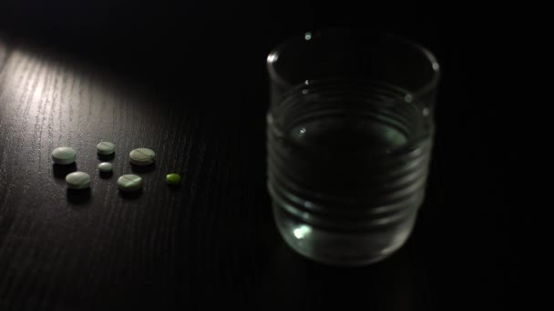Closeup Pills Medicine Water Table Treatment Colds — стоковое видео