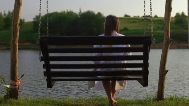 Girl Sitting Swing Surrounded Nature Lake Trees — 비디오