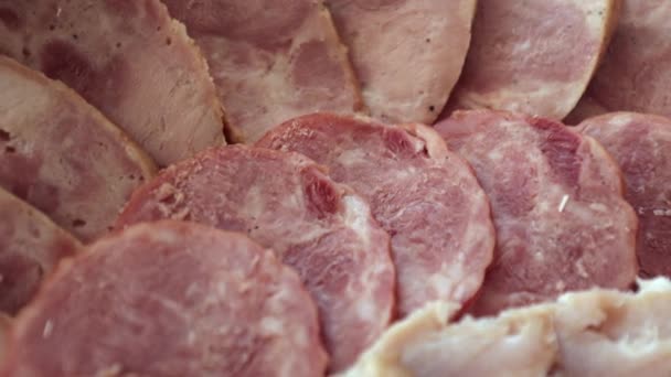 Vários Produtos Carne Uma Chapa Carne Porco Carne Vaca Carne — Vídeo de Stock