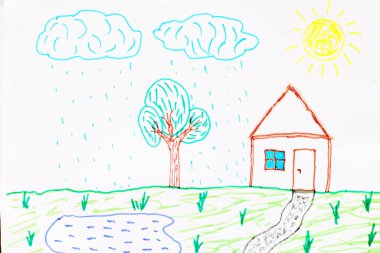 Farklı keçeli kalemlerle çizilmiş bir çocuk çizimi, beyaz çarşaf üzerinde çocuk çalışmaları, ödev