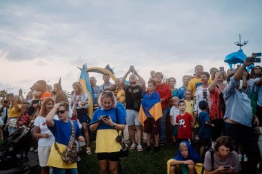 24.08.2022 - Batumi, Georgia. Ukraines Independence Day. Anti-war rally in Georgia. National symbols, Ukrainian flag. Refugees. No war. High quality photo
