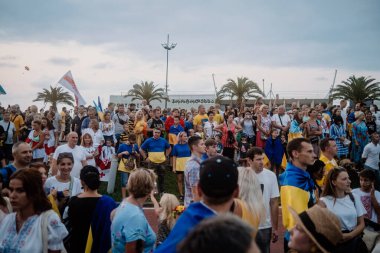 24.08.2022 - Batumi, Georgia. Ukraines Independence Day. Anti-war rally in Georgia. National symbols, Ukrainian flag. Refugees. No war. High quality photo