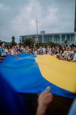 24.08.2022 - Batumi, Georgia. Ukraines Independence Day. Anti-war rally in Georgia. National symbols, Ukrainian flag. Refugees. No war. High quality photo