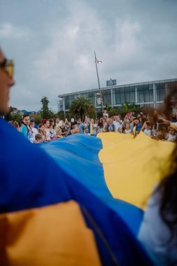 24.08.2022 - Batumi, Georgia. Ukraines Independence Day. Anti-war rally in Georgia. National symbols, Ukrainian flag. Refugees. No war. High quality photo