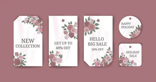 Set of colorful tags with floral background of various shapes. Based on red and pink roses beautiful floral background. — Vetor de Stock