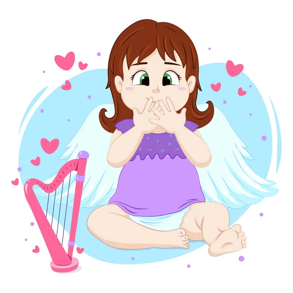 Vector Cartoon Cupid Girl Cupid Harp Cute Cupid Hearts Happy — Stock Vector