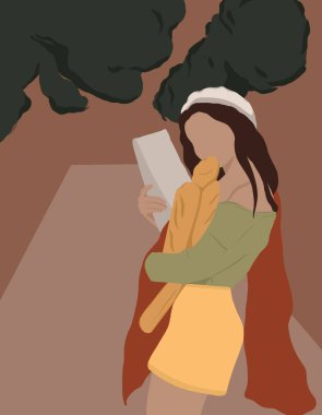 Taze ekmekli Fransız kadın.