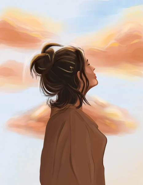 Dziewczyna Patrząc Niebo Płaskim Stylu — Zdjęcie stockowe