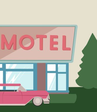 Eski tarz pembe arabalı bir motel.