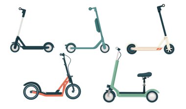 Beyaz arka planda modern şehir elektrikli scooter koleksiyonu vektör çizimi