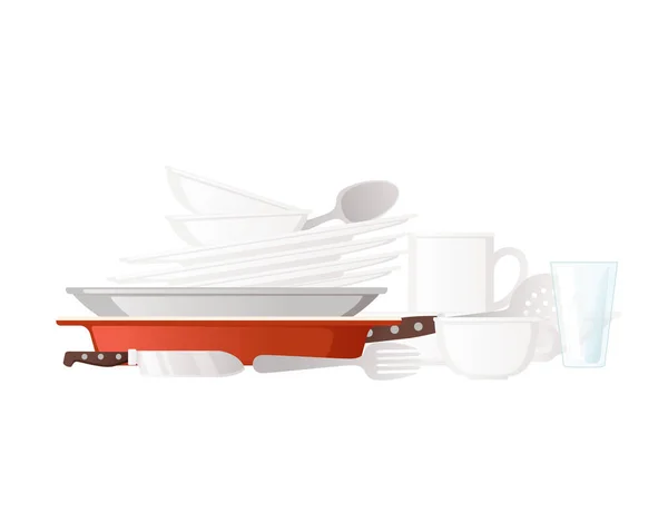 Saubere Stapel von Geschirr und Besteck Vektor-Illustration auf weißem Hintergrund — Stockvektor