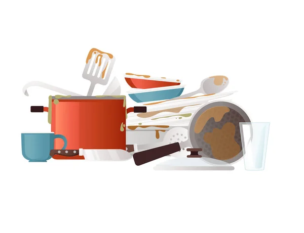 Pila sucia sucia de vajilla de cocina y utensilios vector ilustración sobre fondo blanco — Vector de stock
