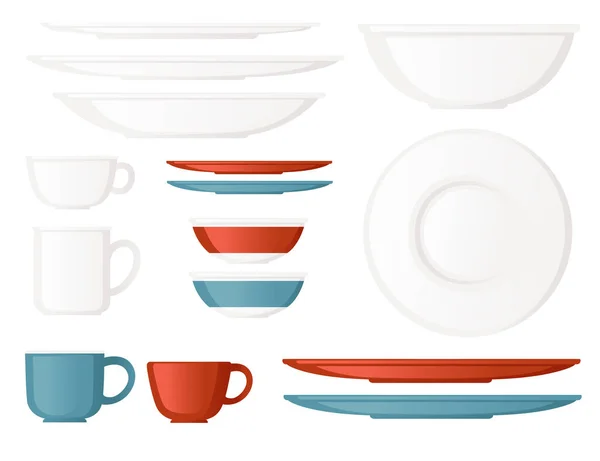 Temiz mutfak bulaşık seti, beyaz arkaplanda fincan tabağı vektör çizimi — Stok Vektör