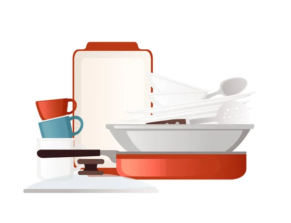 Czysty stos naczyń kuchennych i naczynia wektor ilustracji na białym tle — Wektor stockowy