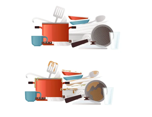 Brudne i czyste naczynia przed i po wektor ilustracji na białym tle — Wektor stockowy