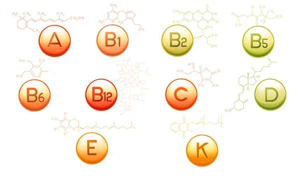 Set vitaminen capsule met moleculaire formule en structuur vector illustratie op witte achtergrond — Stockvector